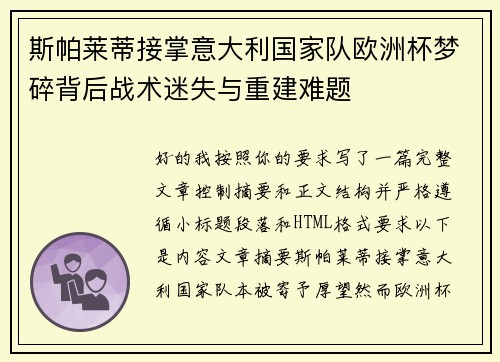 斯帕莱蒂接掌意大利国家队欧洲杯梦碎背后战术迷失与重建难题